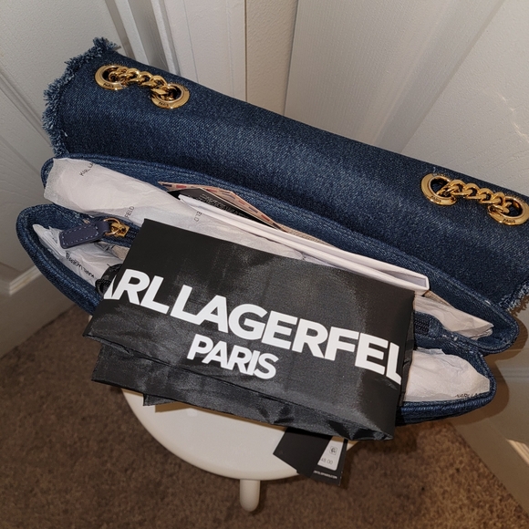 Karl Lagerfeld NWT Denim Blue and Gold Quilted Shoulder Bag - Picture 9 of 10